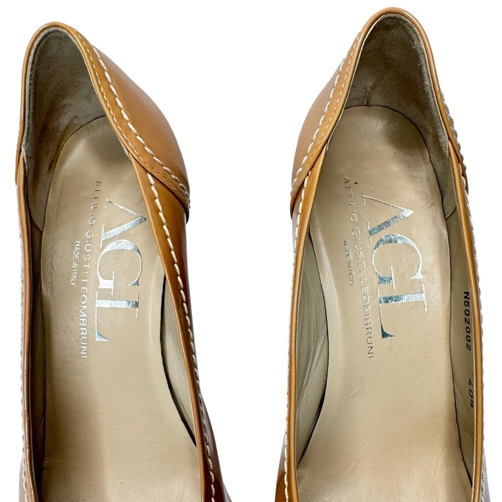 AGL Tan Patent Leather Pumps Heels Round Toe White Contrast Stitching Size 40.5 - Picture 8 of 12